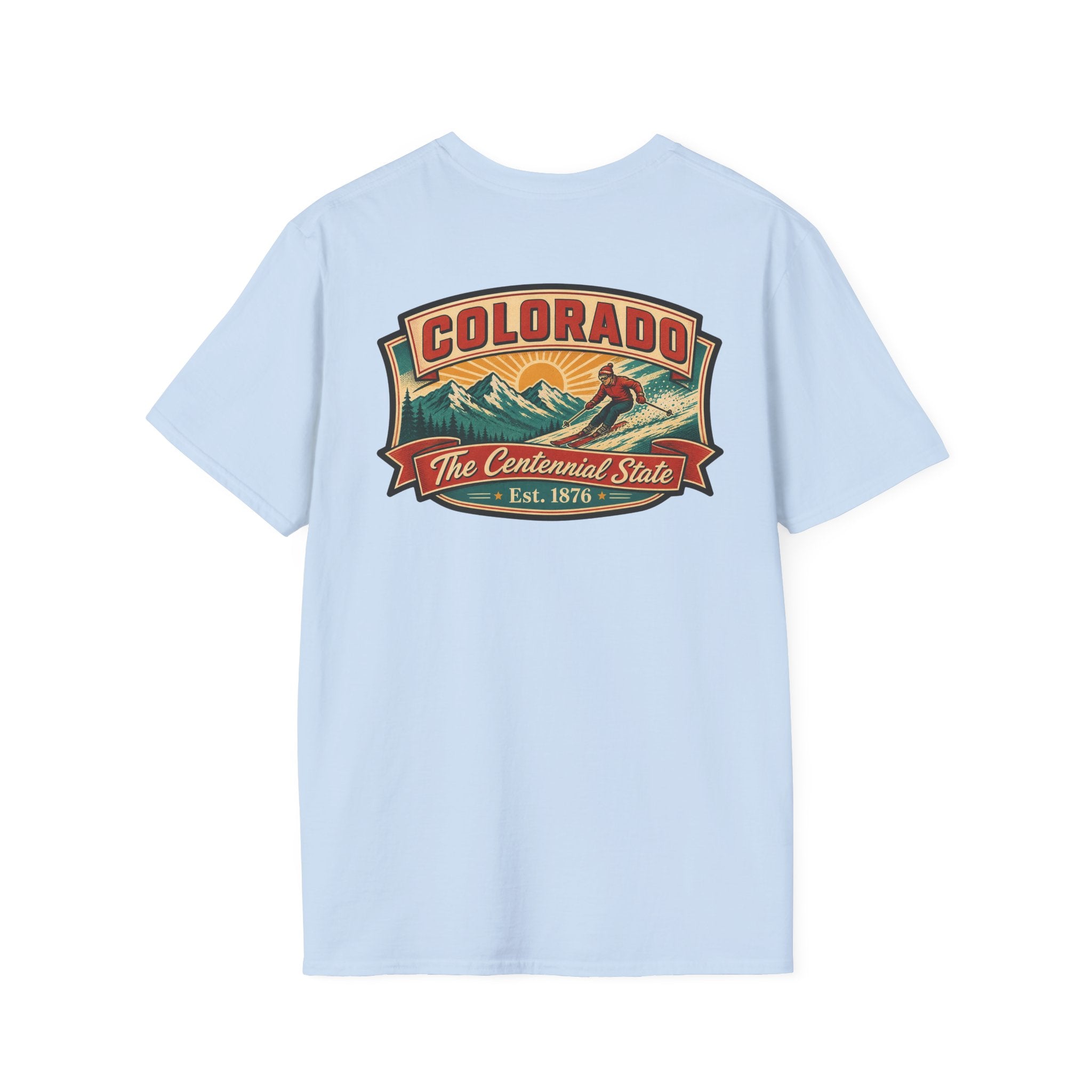 Light blue T-shirt with vintage Colorado badge graphic on chest