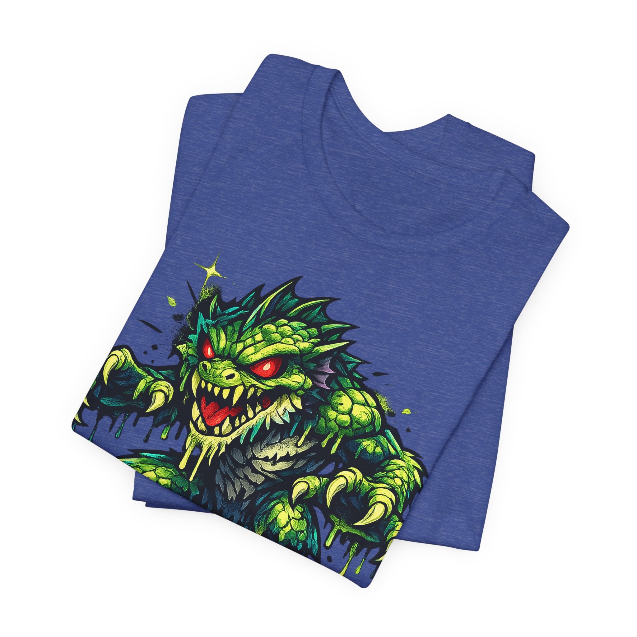 Blue short-sleeve crewneck T-shirt with green monster graphic