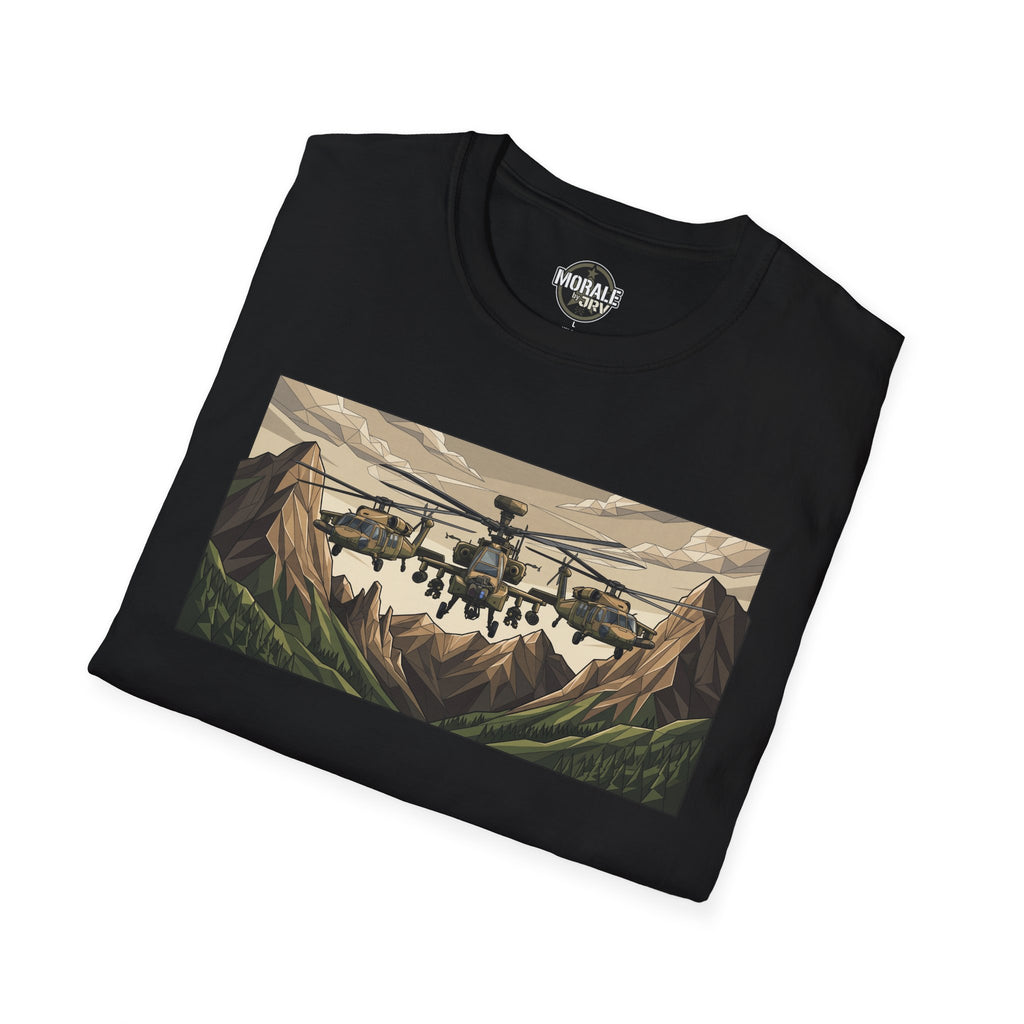 Attack Helicopter graphic T-shirt, black with helicopter landscape print