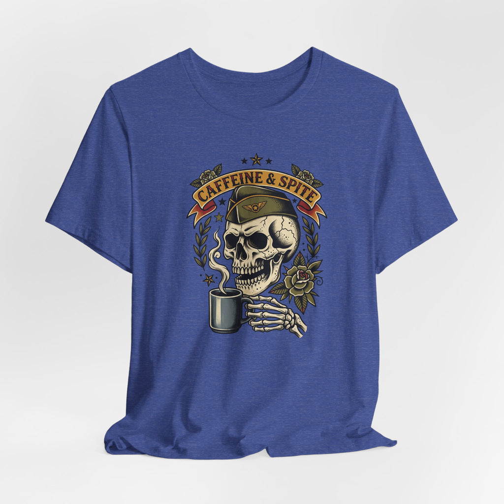 Royal blue skull graphic t-shirt front with coffee mug and laurel banner