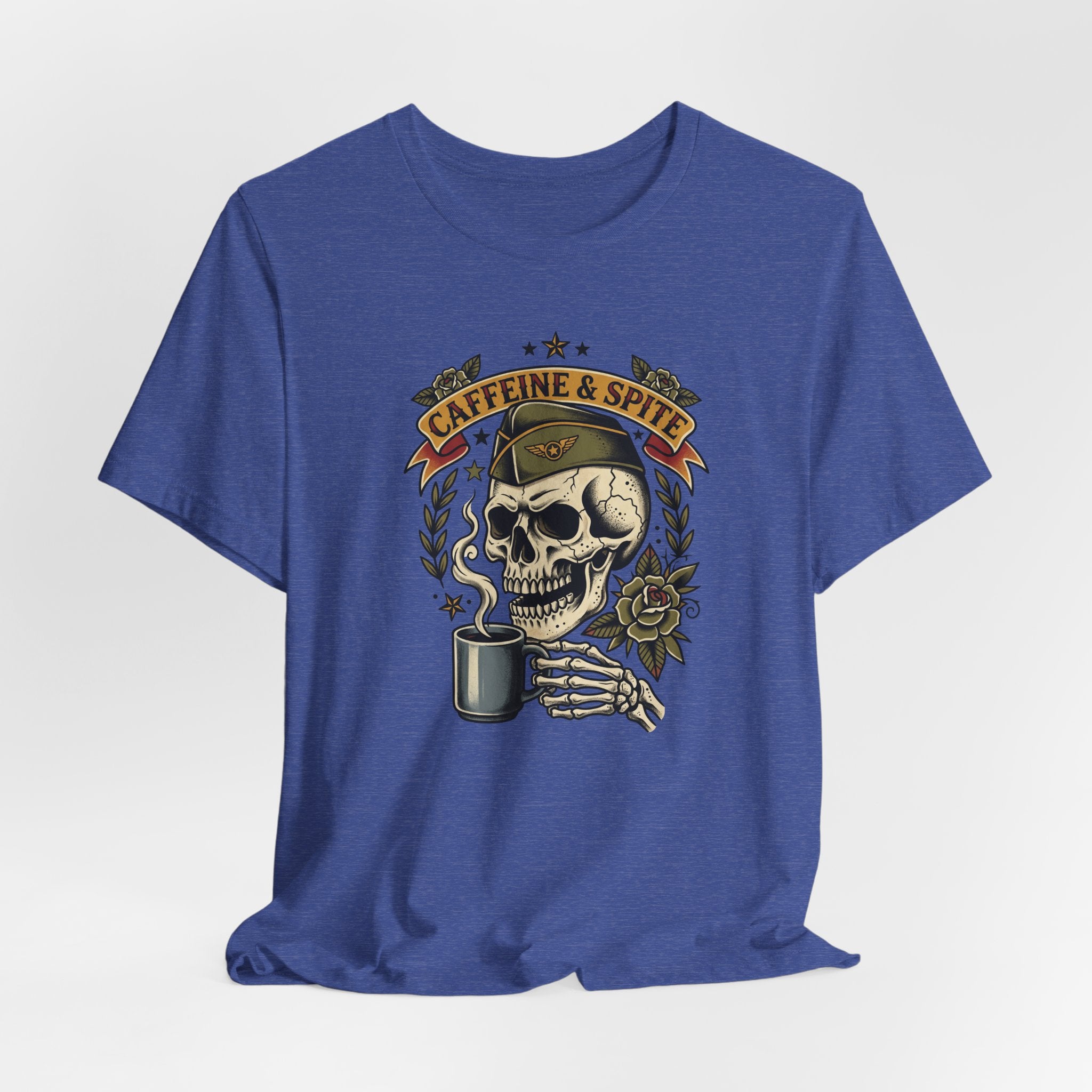 Royal blue skull graphic t-shirt front with coffee mug and laurel banner