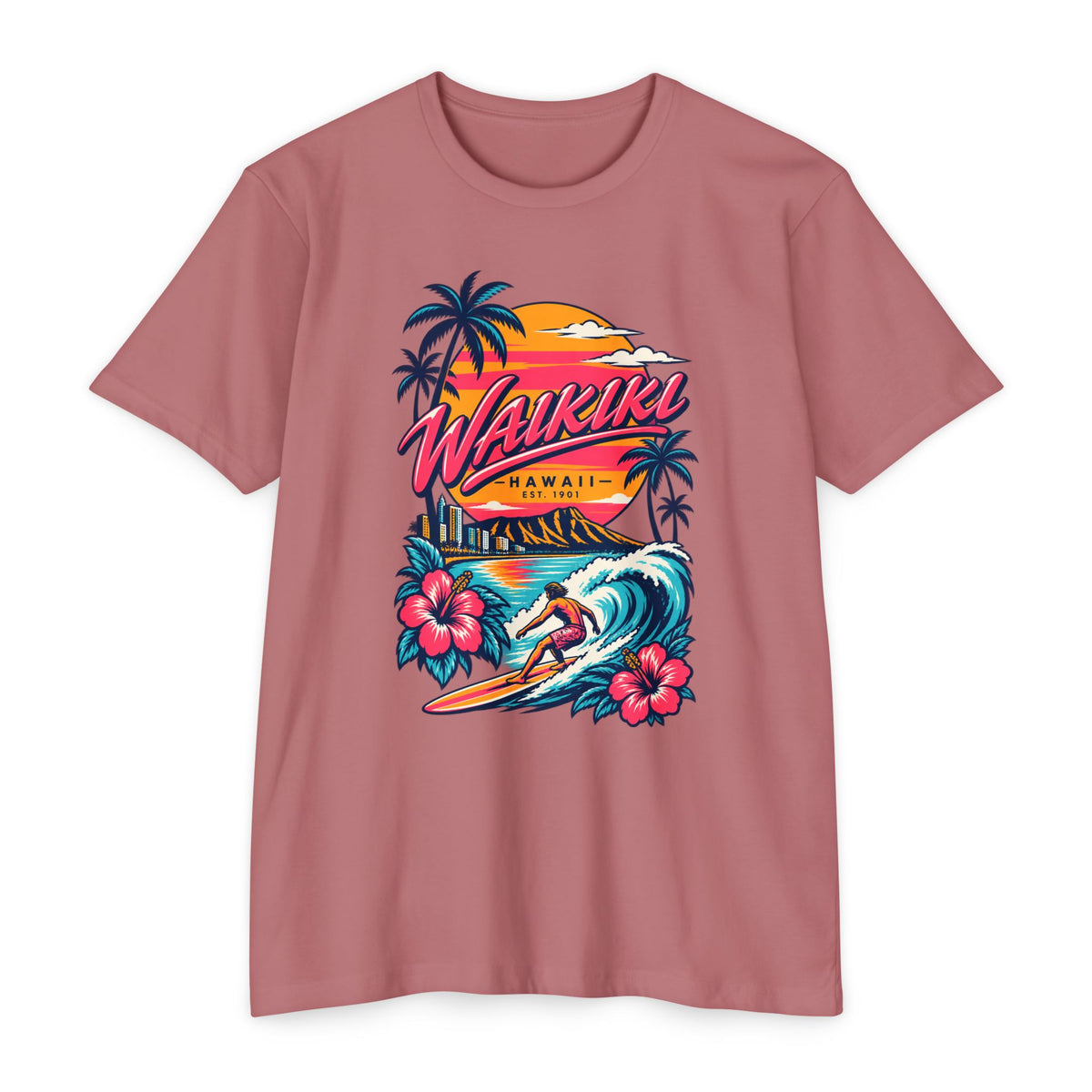 Dusty rose surf T-shirt with palm trees, waves, surfer and flower graphic