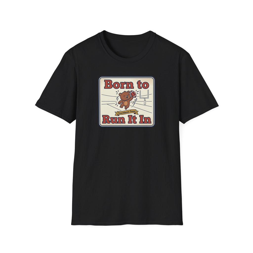 Black T-shirt with bear “Born to Run It In” graphic on front