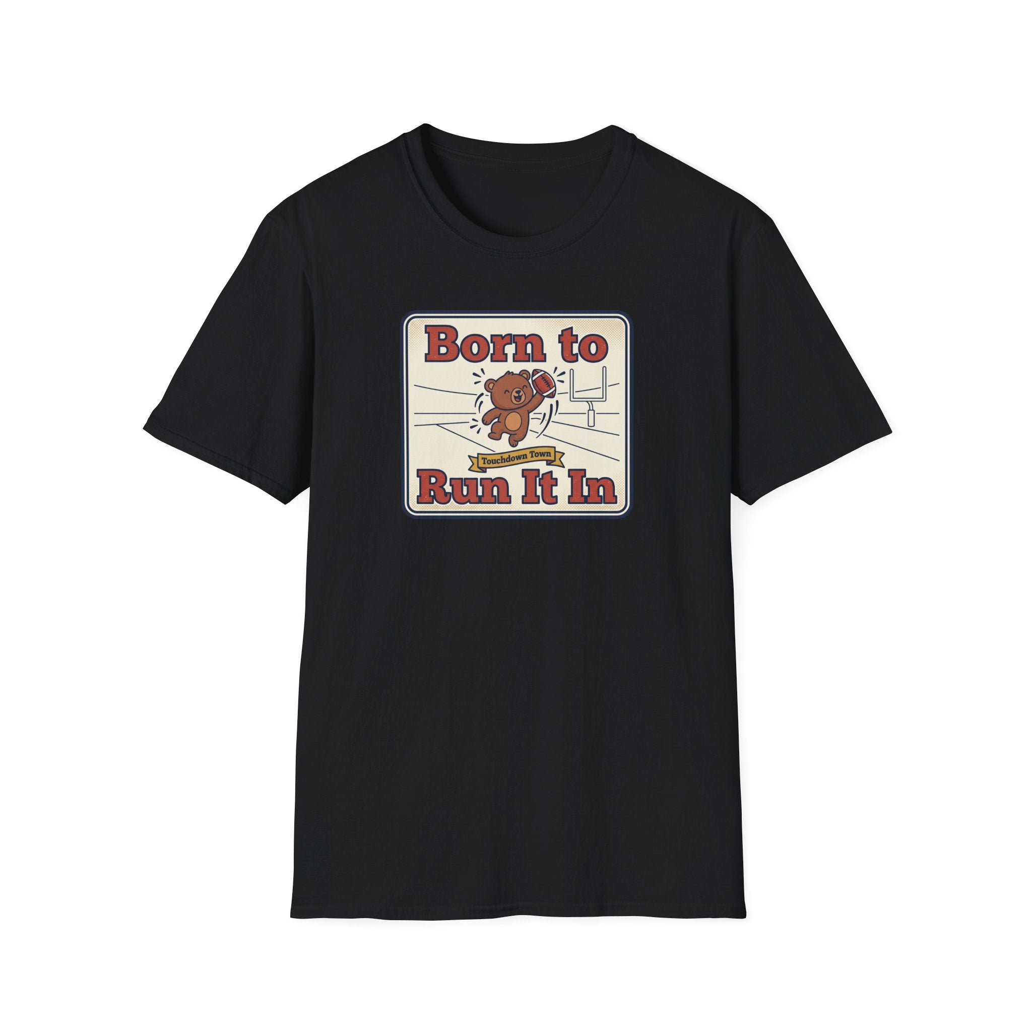 Black T-shirt with bear “Born to Run It In” graphic on front
