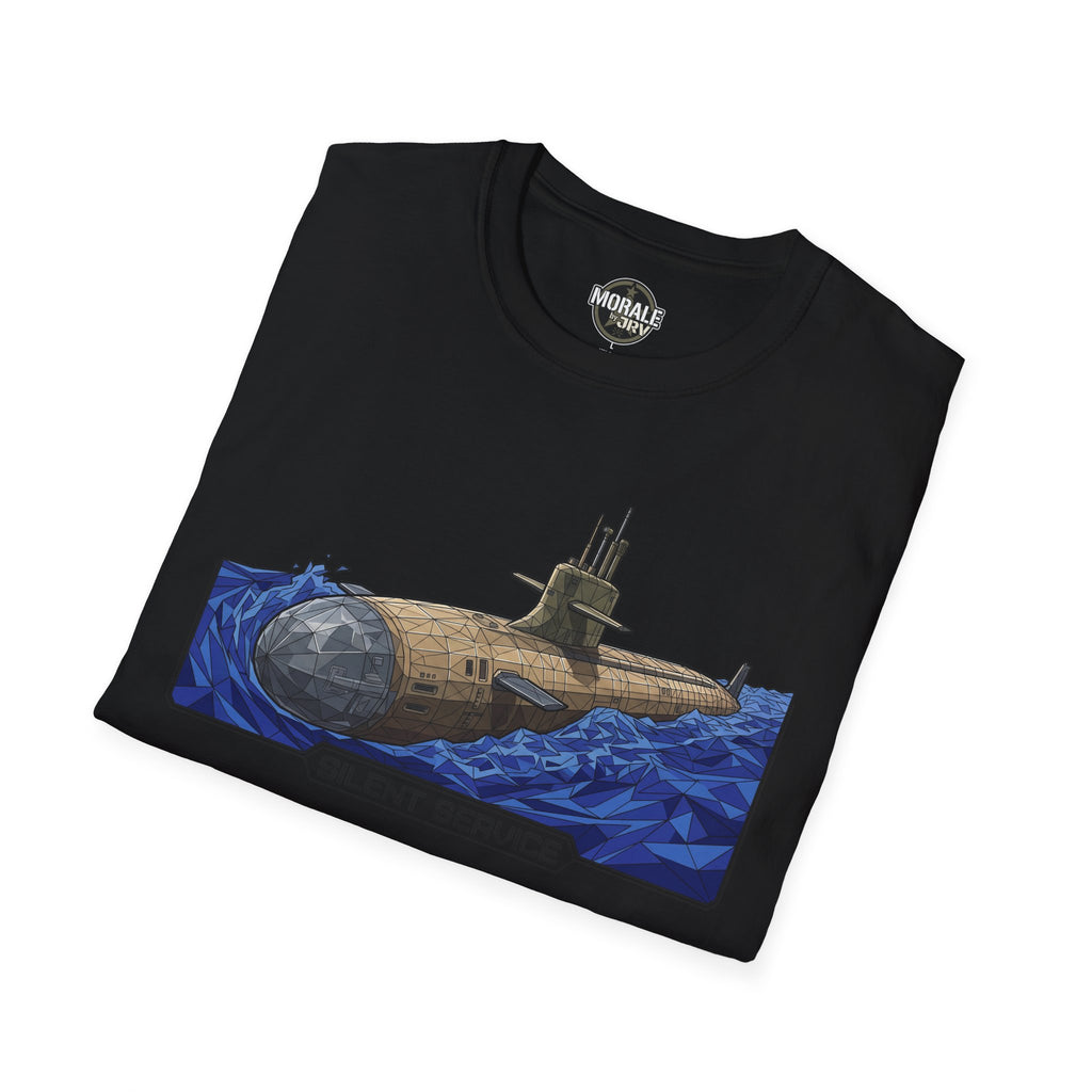 Black T-shirt with blue submarine graphic and “SILENT SERVICE” text on front