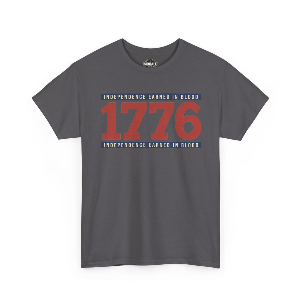 Charcoal T-shirt with stacked 1776 Independence graphic on the front