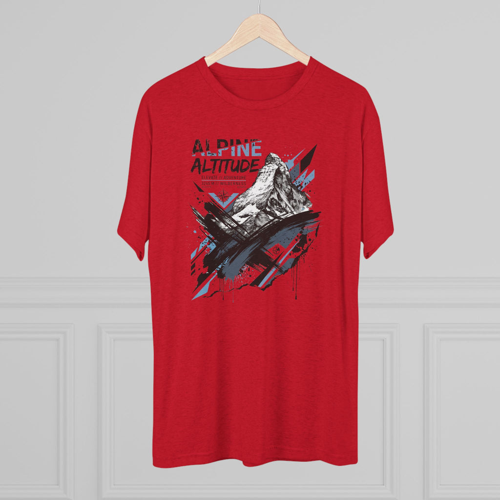 Red unisex crew-neck T-shirt with mountain peak graphic and paint splatter