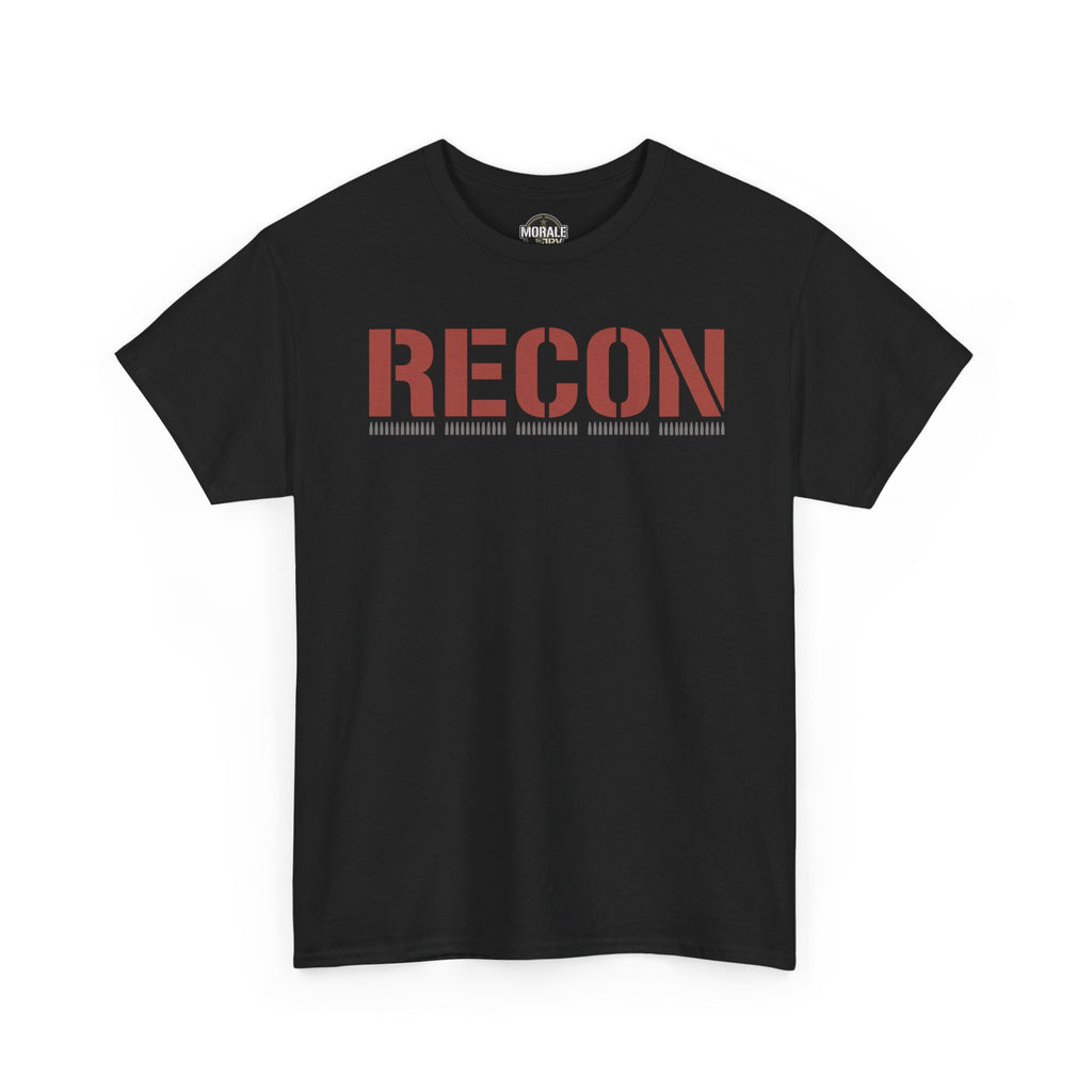 Black unisex T-shirt with RECON graphic across chest
