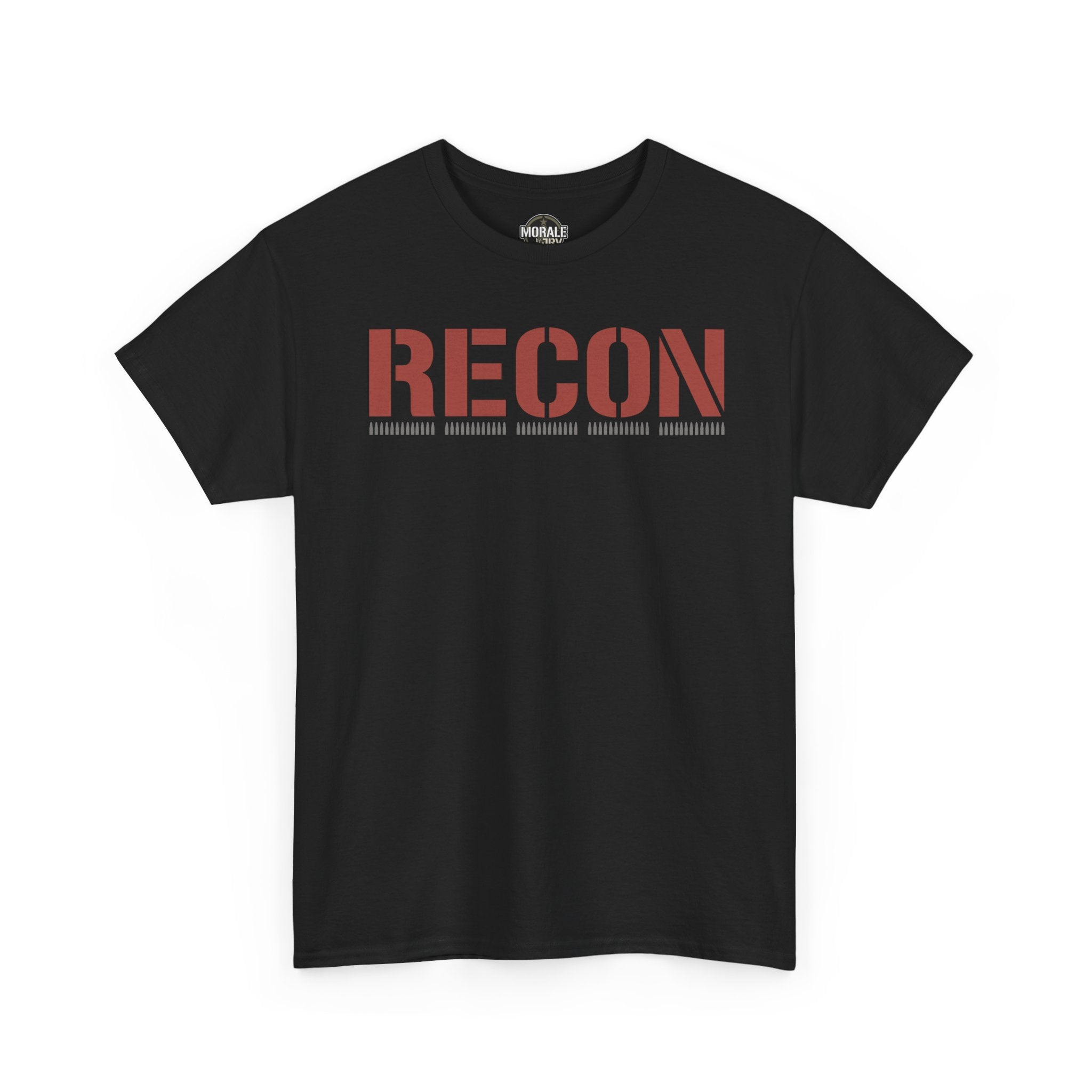 Black unisex T-shirt with RECON graphic across chest