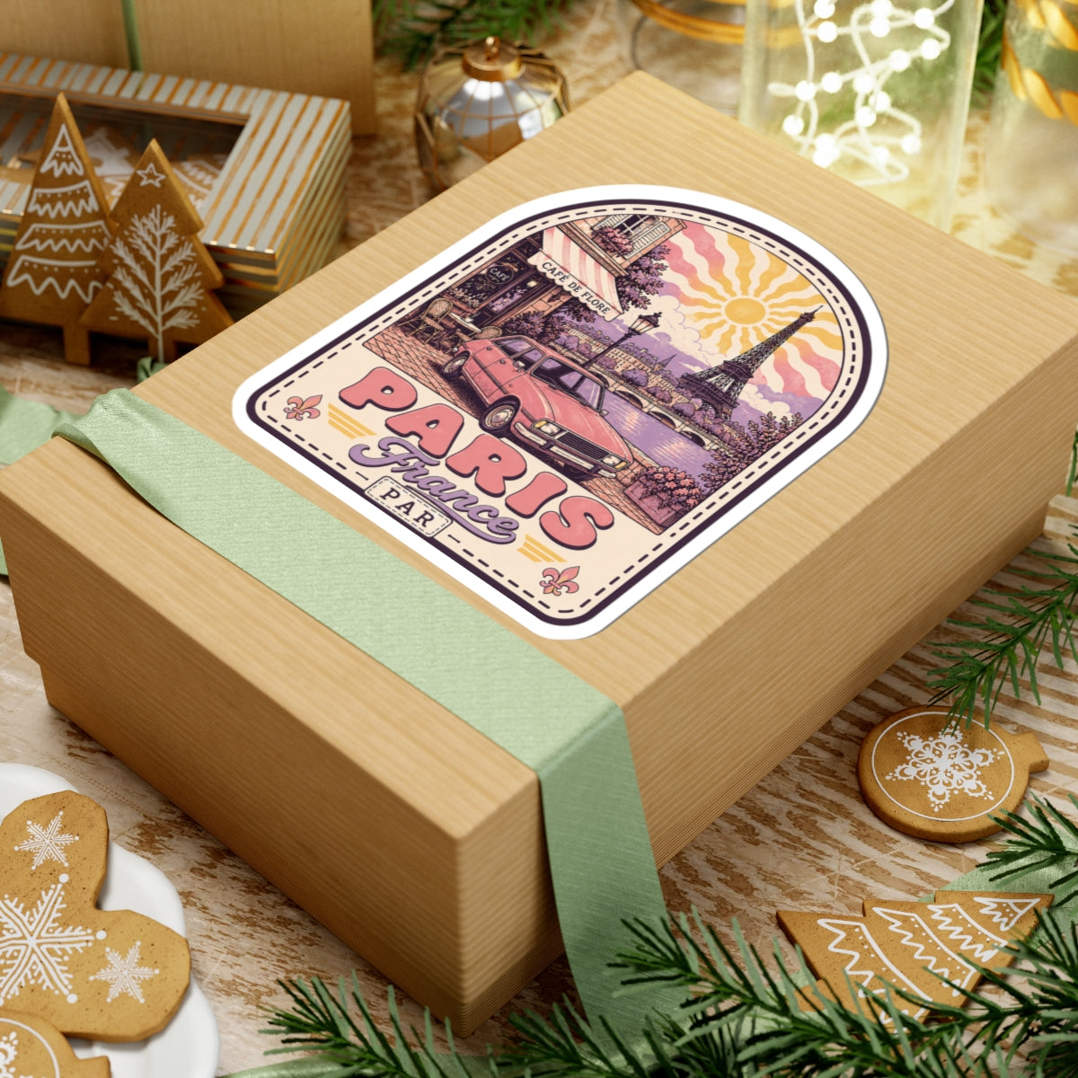 Paris scenic sticker on gift box ribbon, Eiffel Tower and classic car with PARIS France