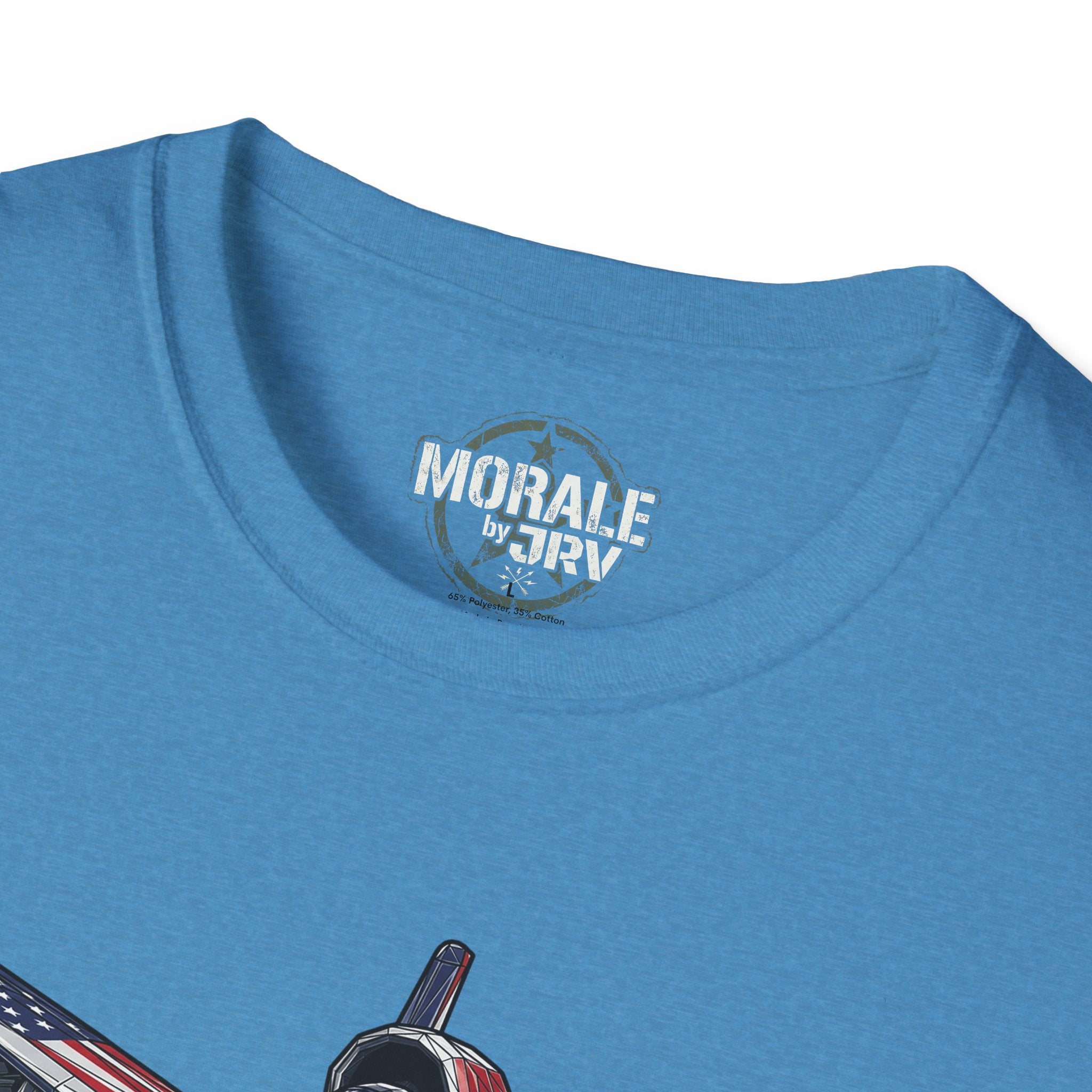 Heather Galapagos Blue A-10 T-shirt, 'MORALE by TRV' logo at back neck