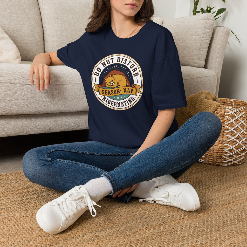 Navy nap T-shirt on model with 'Do Not Disturb Season: Nap' bear graphic