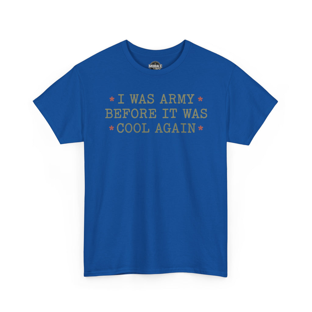 Royal blue T-shirt with front text graphic and small starburst accents