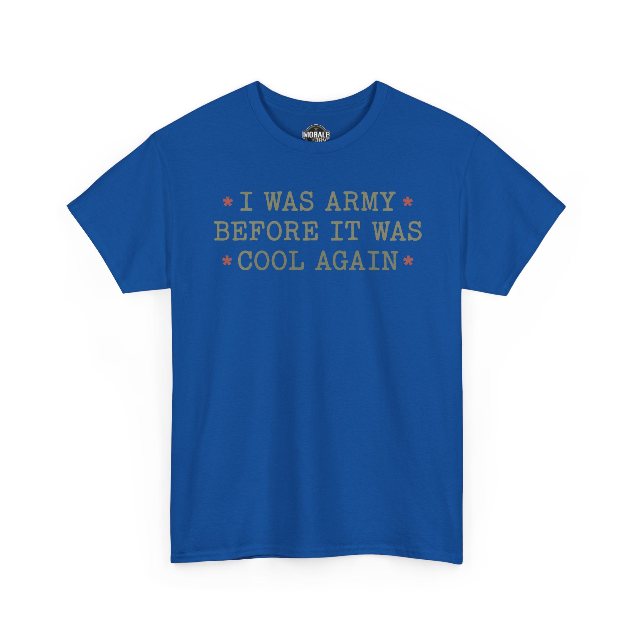 Royal blue T-shirt with front text graphic and small starburst accents