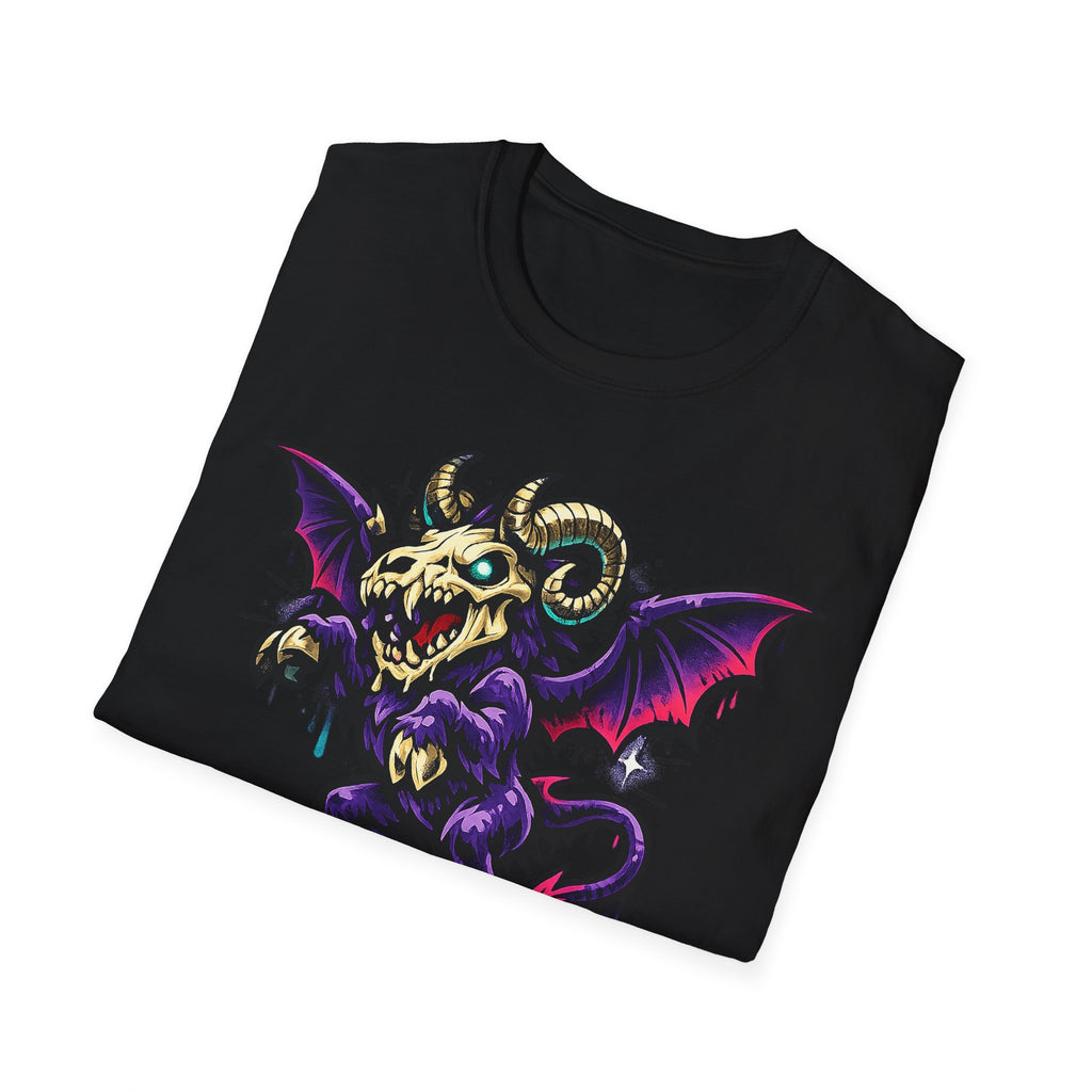 Black monster graphic T-shirt with purple bat ram skull creature print