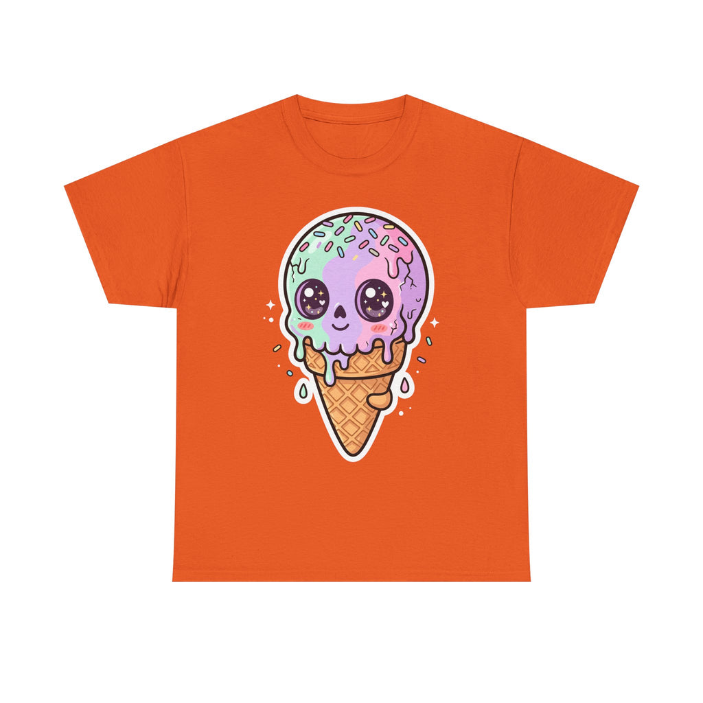 Kawaii melting ice cream cone T-shirt, purple cartoon ice cream graphic on orange