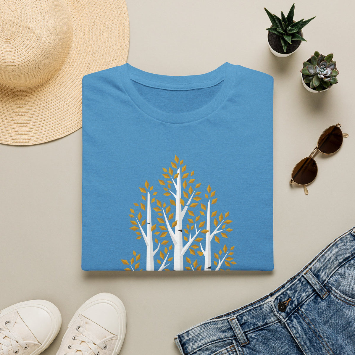 Unisex graphic t-shirt, blue with gold and white autumn birch tree print