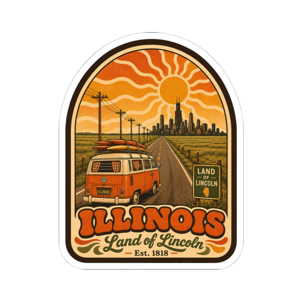 Kiss-cut sticker showing orange camper van, city skyline, Illinois text, and Est. 1818