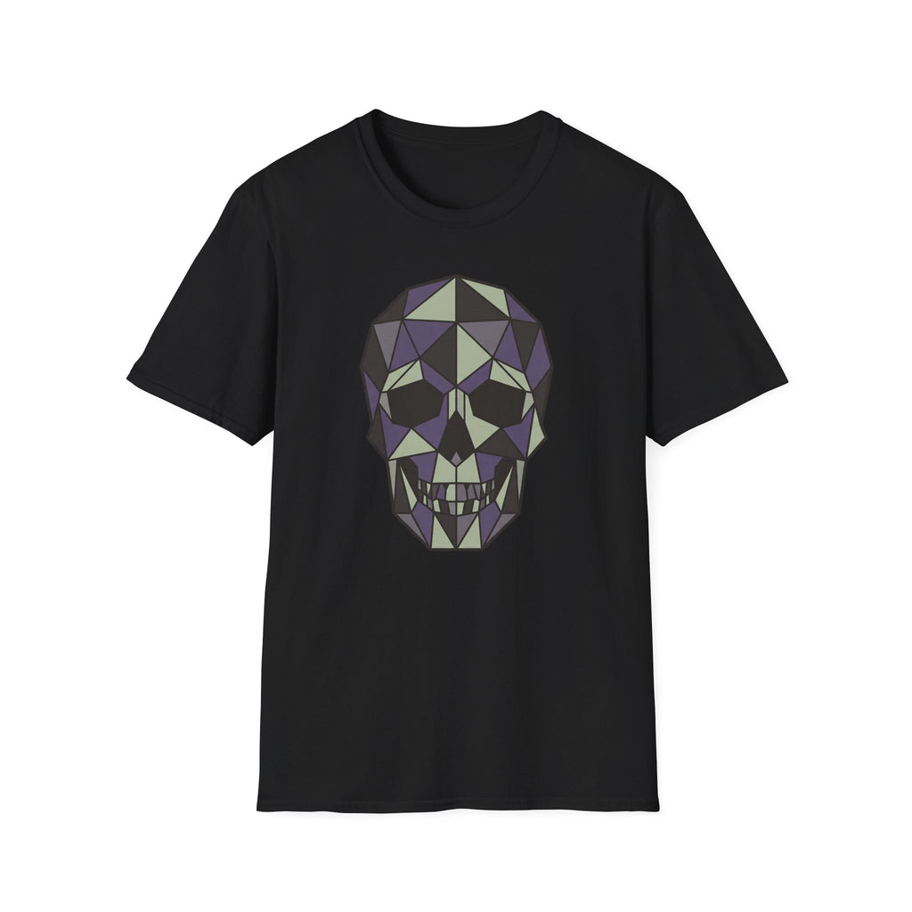 Black crew-neck T-shirt with geometric low-poly skull graphic on the front
