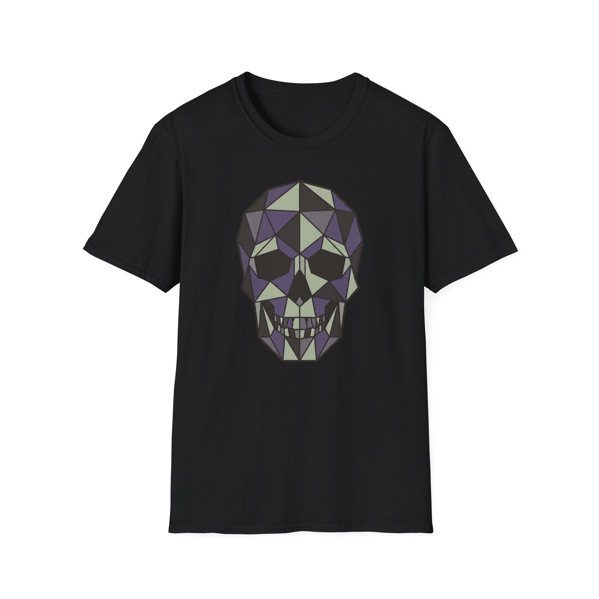 Black crew-neck T-shirt with geometric low-poly skull graphic on the front