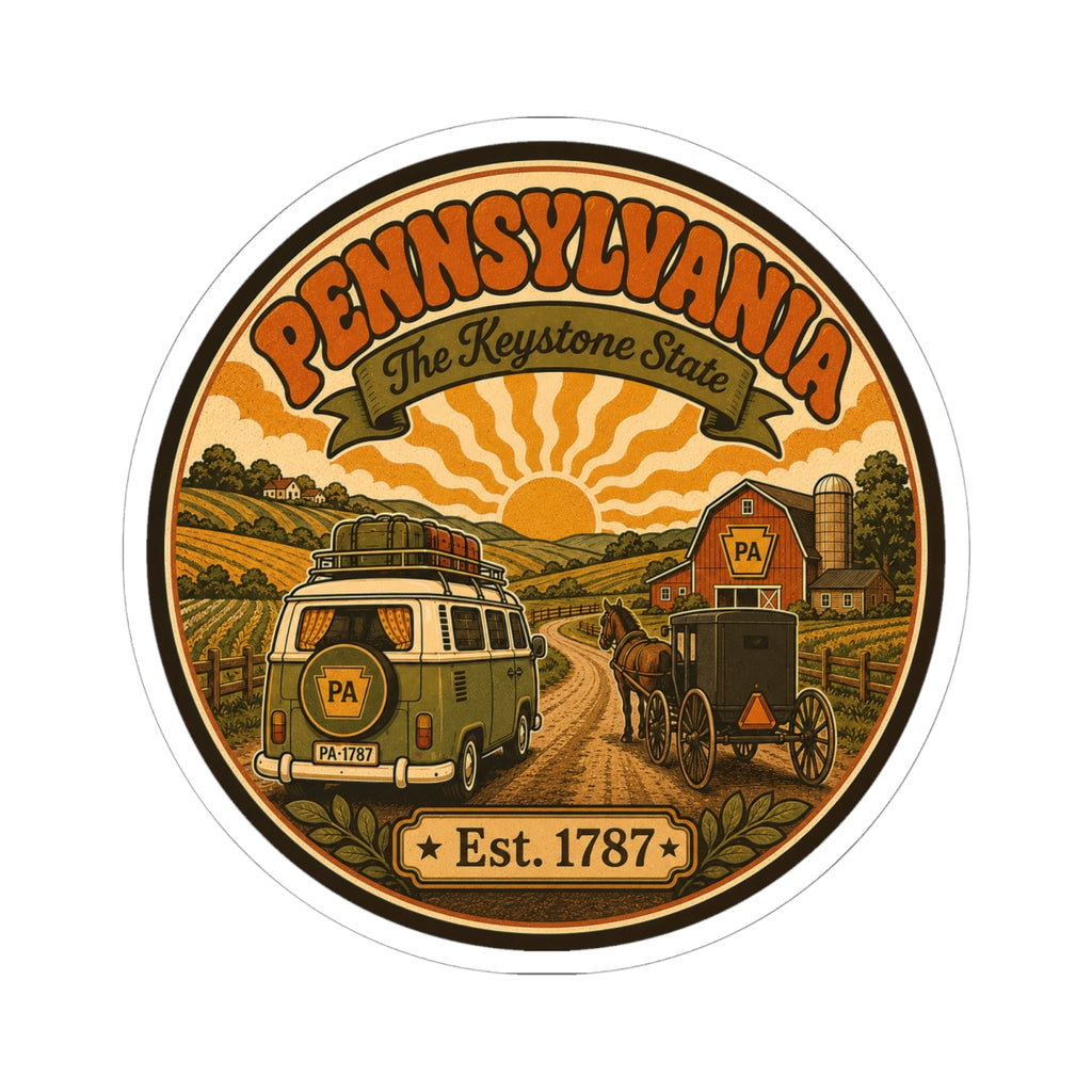 Oval Pennsylvania sticker featuring vintage van, Amish buggy, and Est. 1787 ribbon