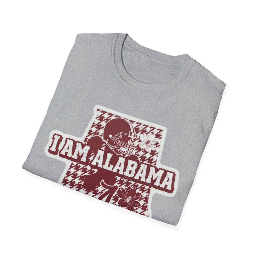 Grau meliertes I AM ALABAMA T-Shirt mit Hahnentritt-Grafik, Helm und Blumenmotiv