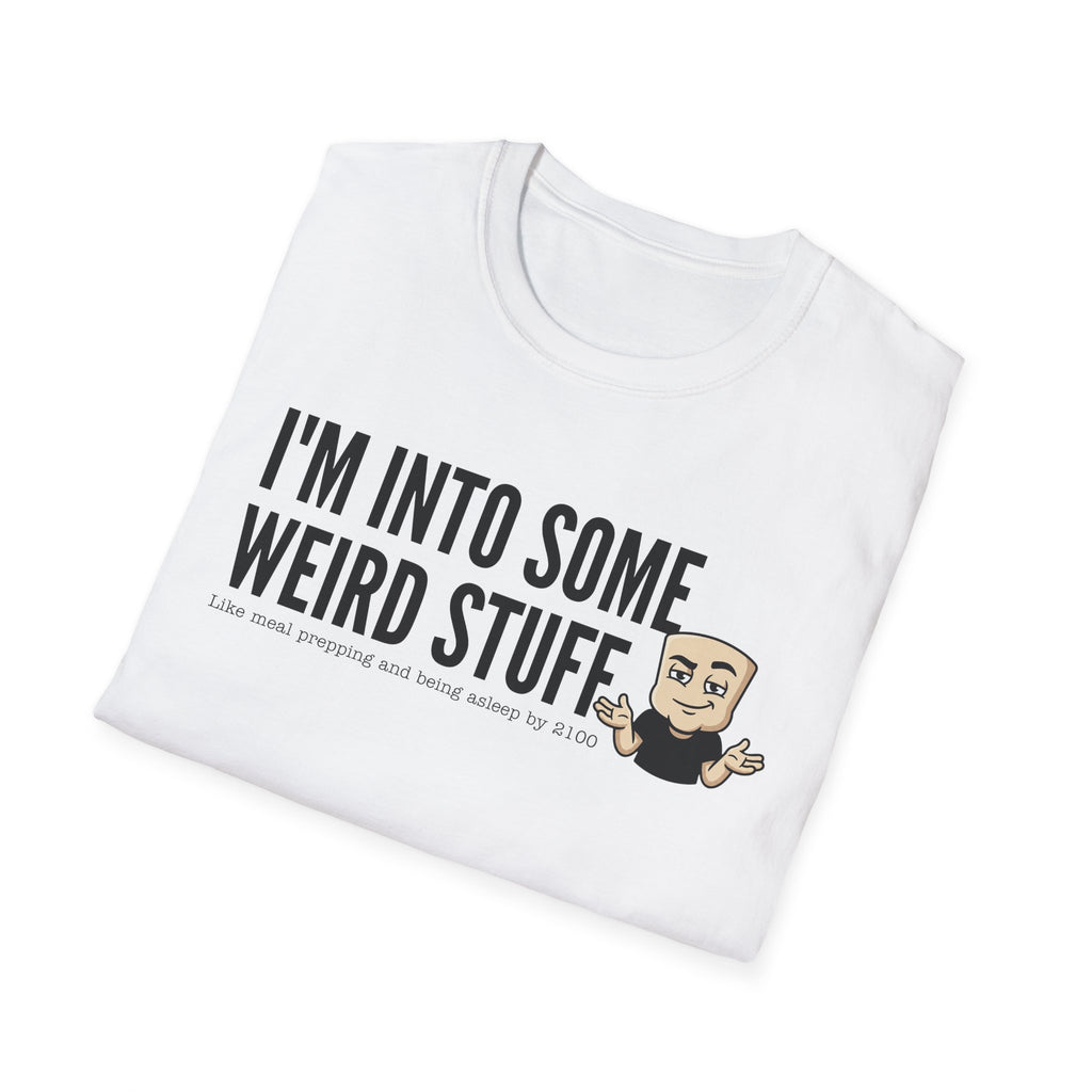 White T-shirt with weird stuff slogan and character graphic