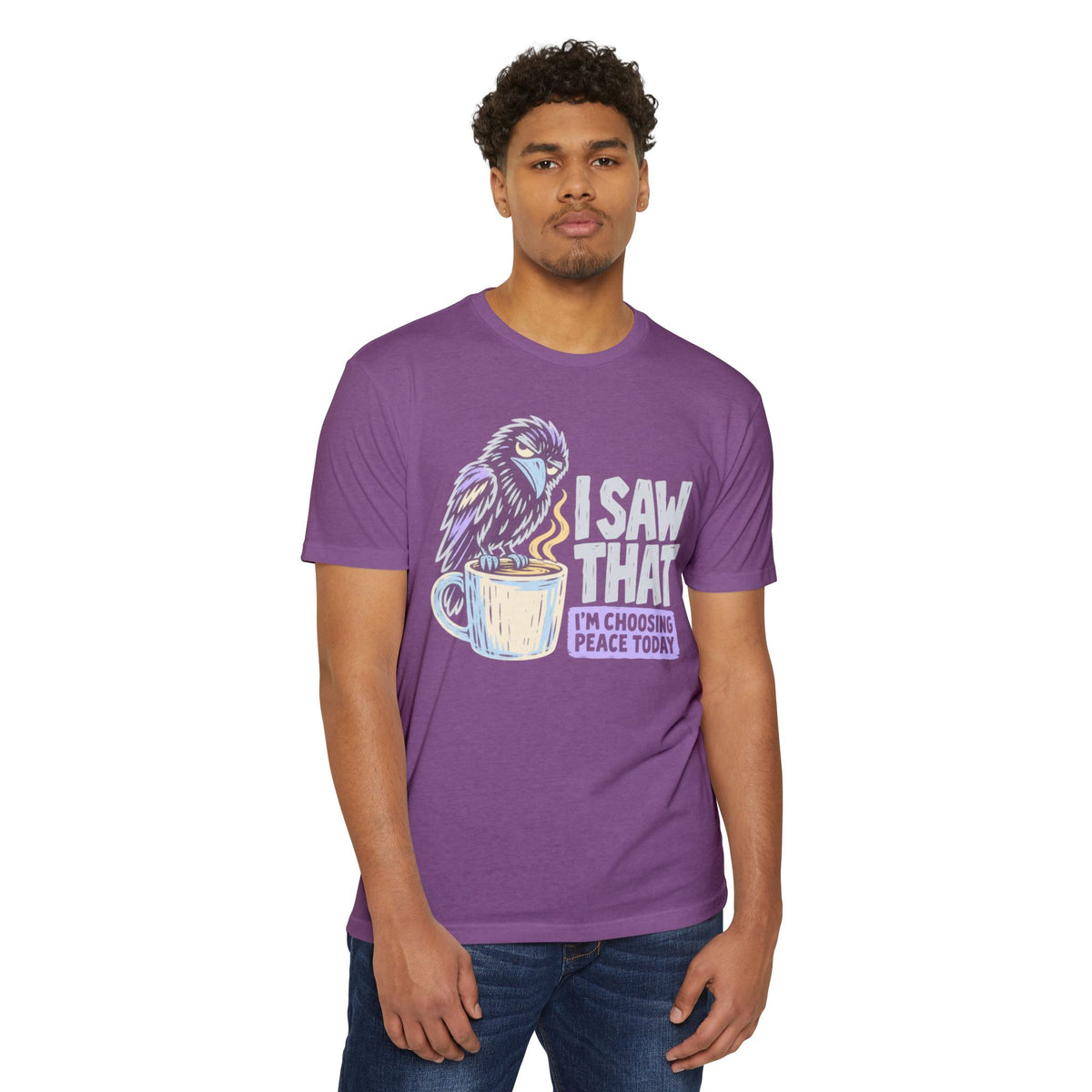 Purple T-shirt with raven and peace coffee graphic, crew neck, short sleeves