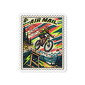 Die-cut neon air mail biker stamp fridge magnet, square with white border
