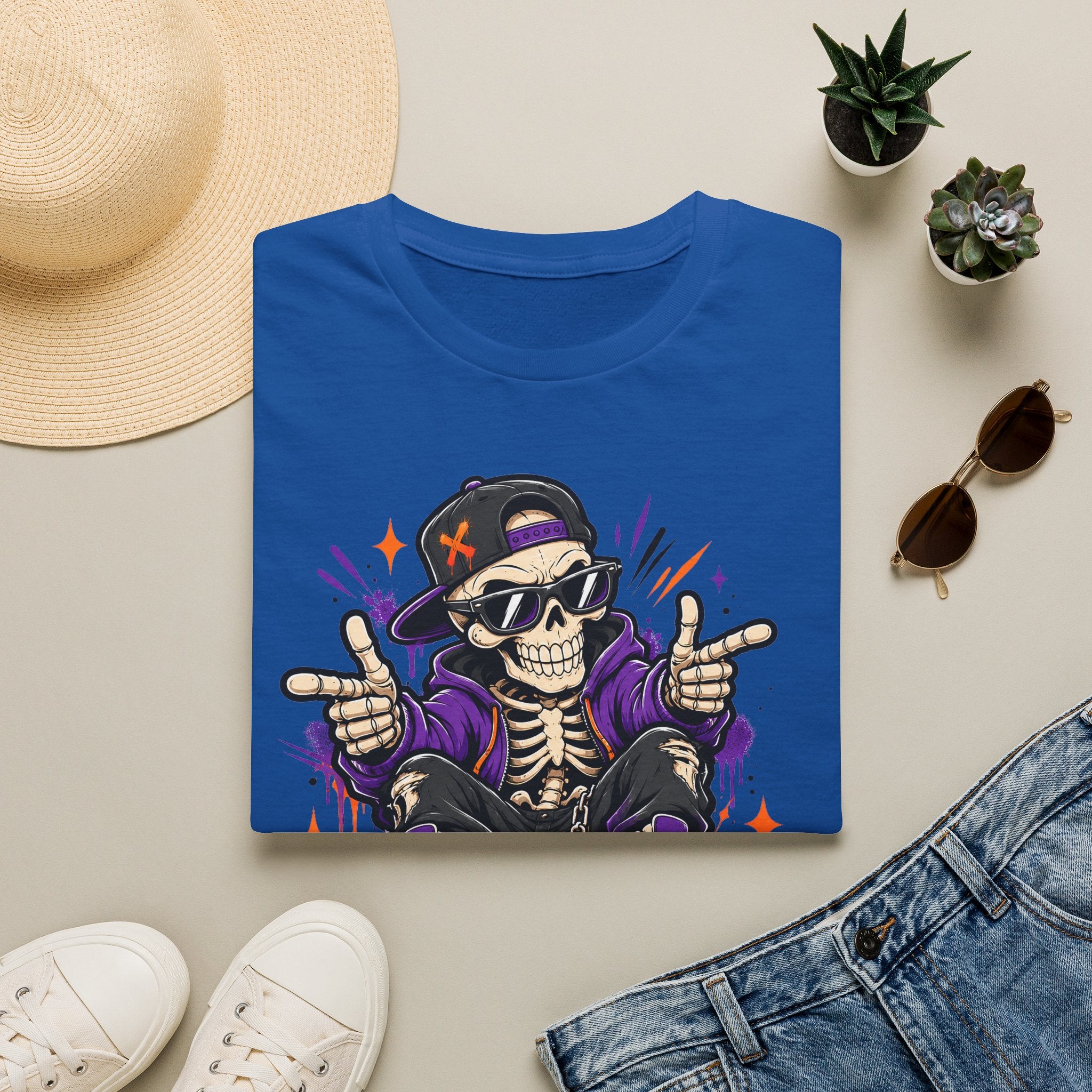 Royal blue Skeleton DJ T-shirt with skull wearing headphones and purple handsign graphic print
