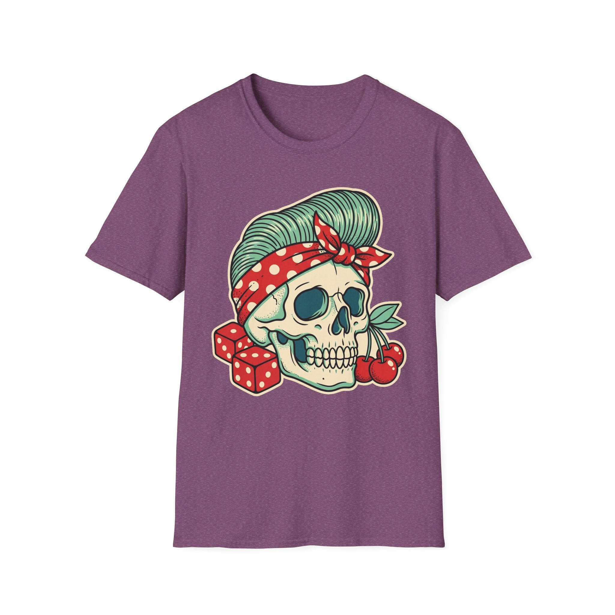 Heather maroon rockabilly T-shirt with sugar skull graphic, green hair, red polka-dot bandana