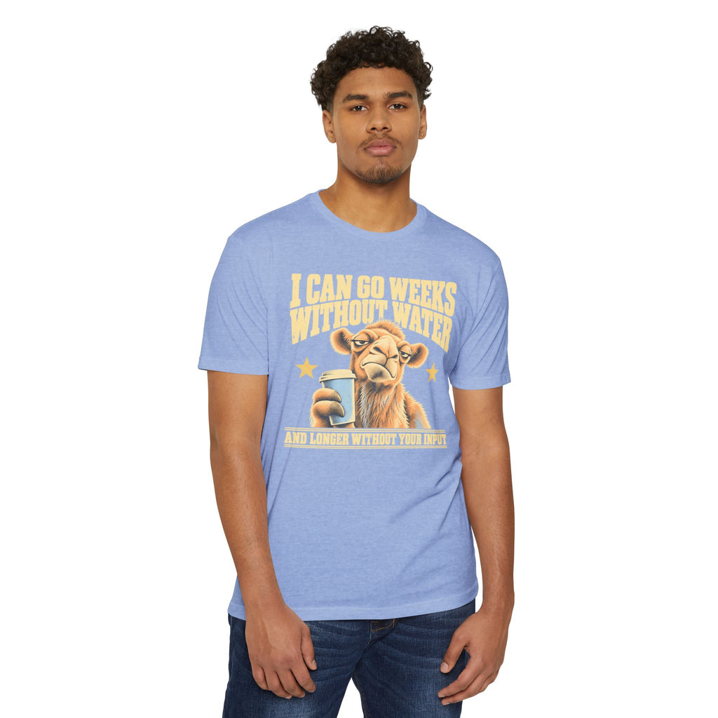 Light blue crew-neck short-sleeve t-shirt with camel water joke graphic on front