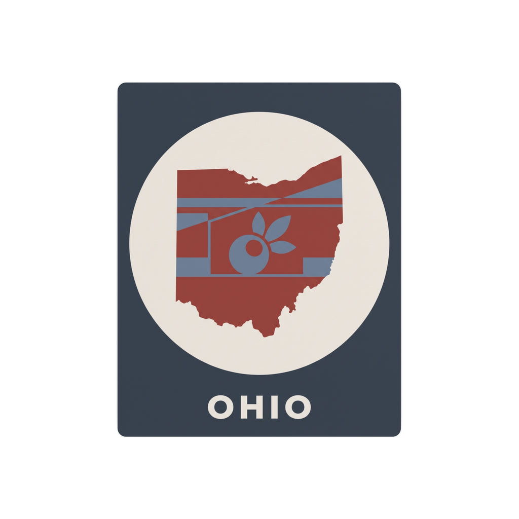 Ohio metal art sign: red Ohio map with buckeye, striped graphic, 'OHIO' on dark blue