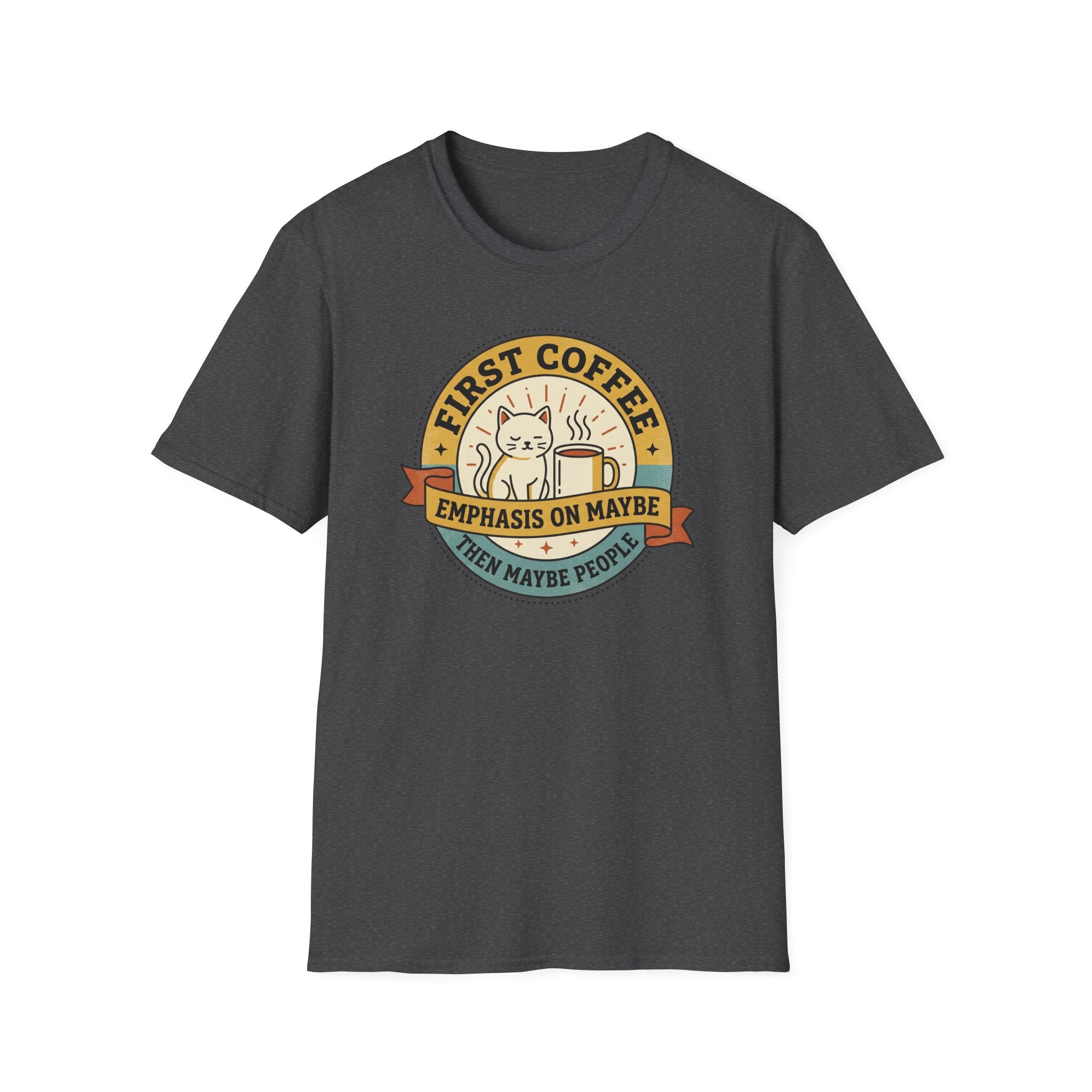 Charcoal T-shirt with cat coffee circular graphic and short sleeves