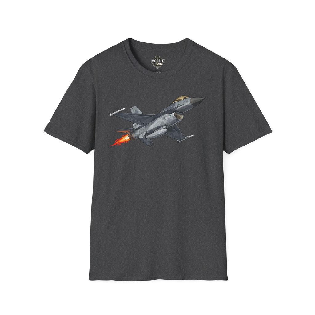 F-16 T-shirt, dark charcoal fabric with F-16 jet graphic and orange flame
