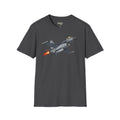 F-16 T-shirt, dark charcoal fabric with F-16 jet graphic and orange flame