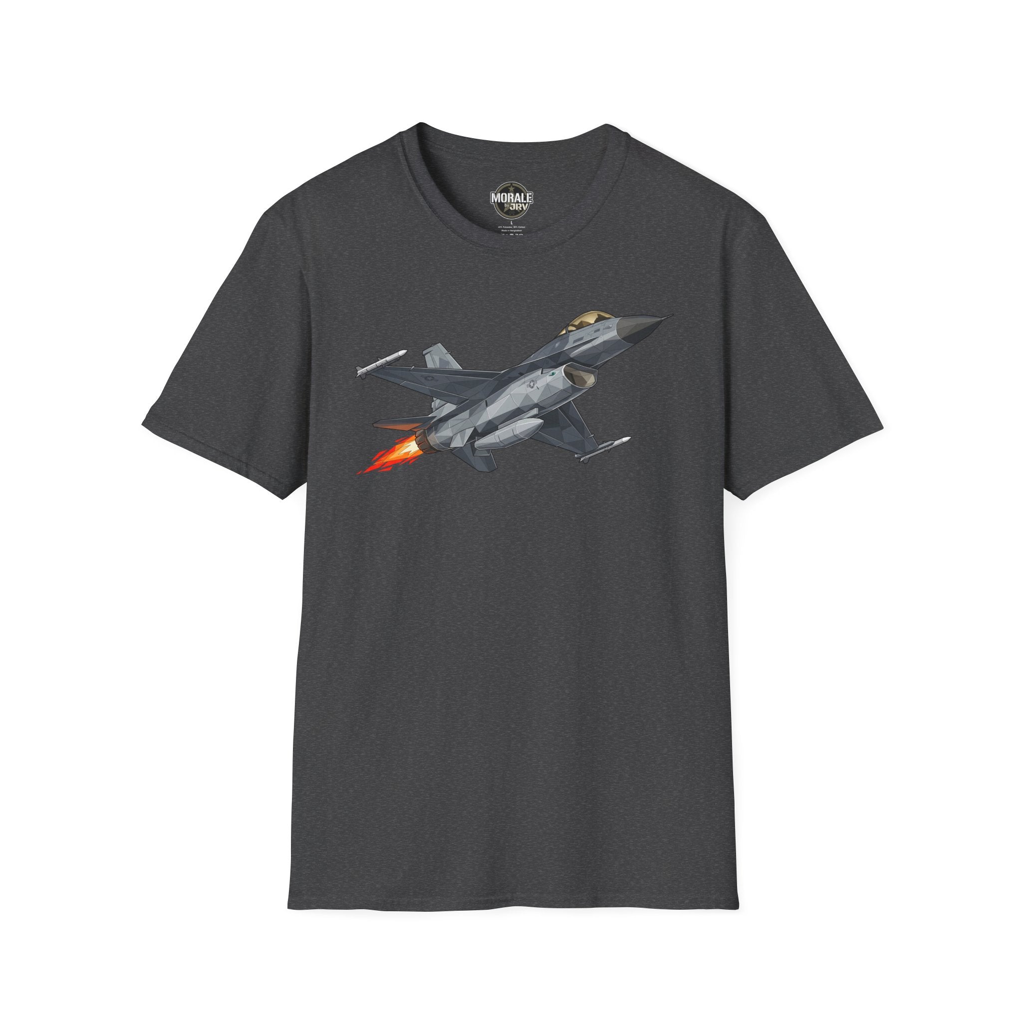 F-16 T-shirt, dark charcoal fabric with F-16 jet graphic and orange flame