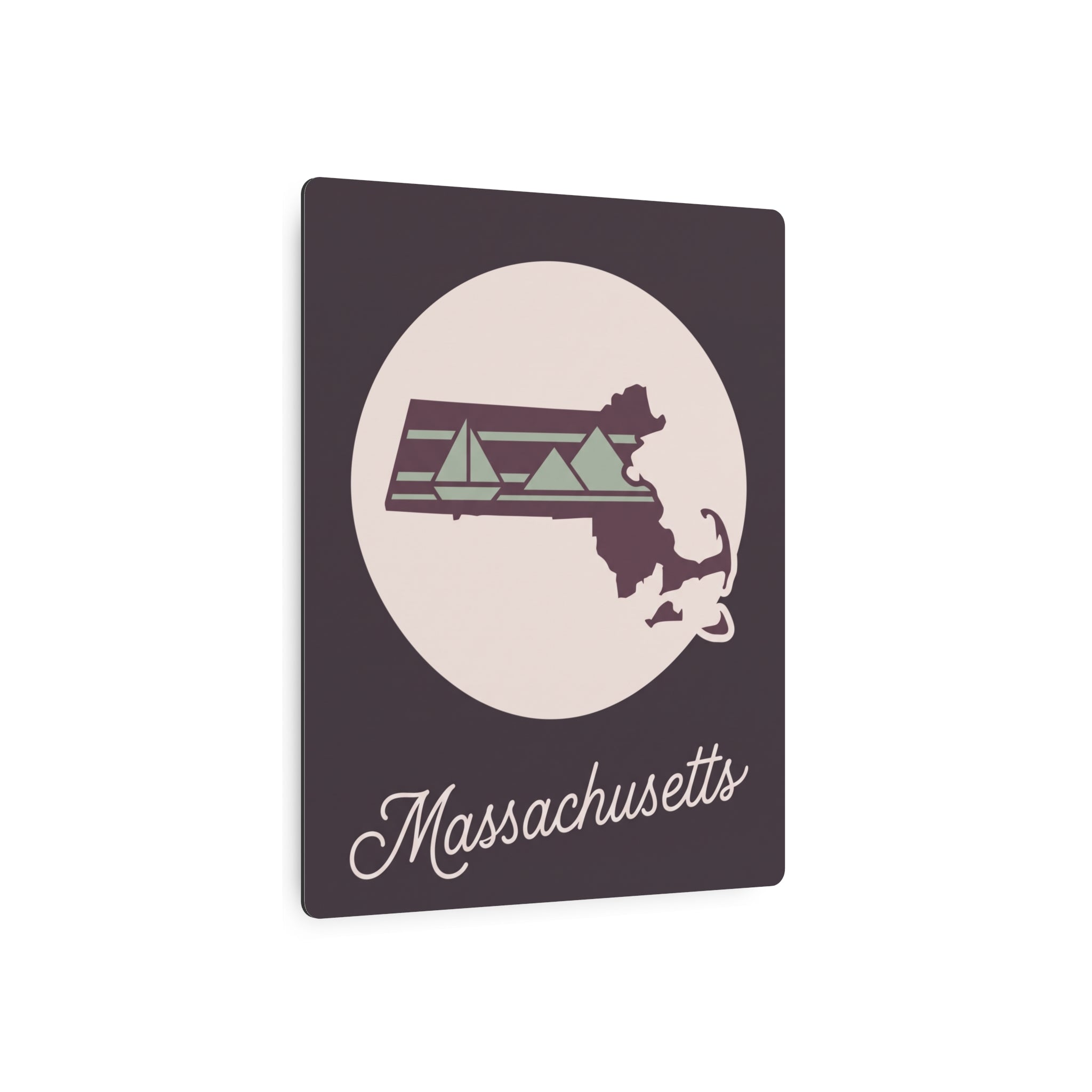 Massachusetts metal wall art with circular emblem, state silhouette, and cursive Massachusetts
