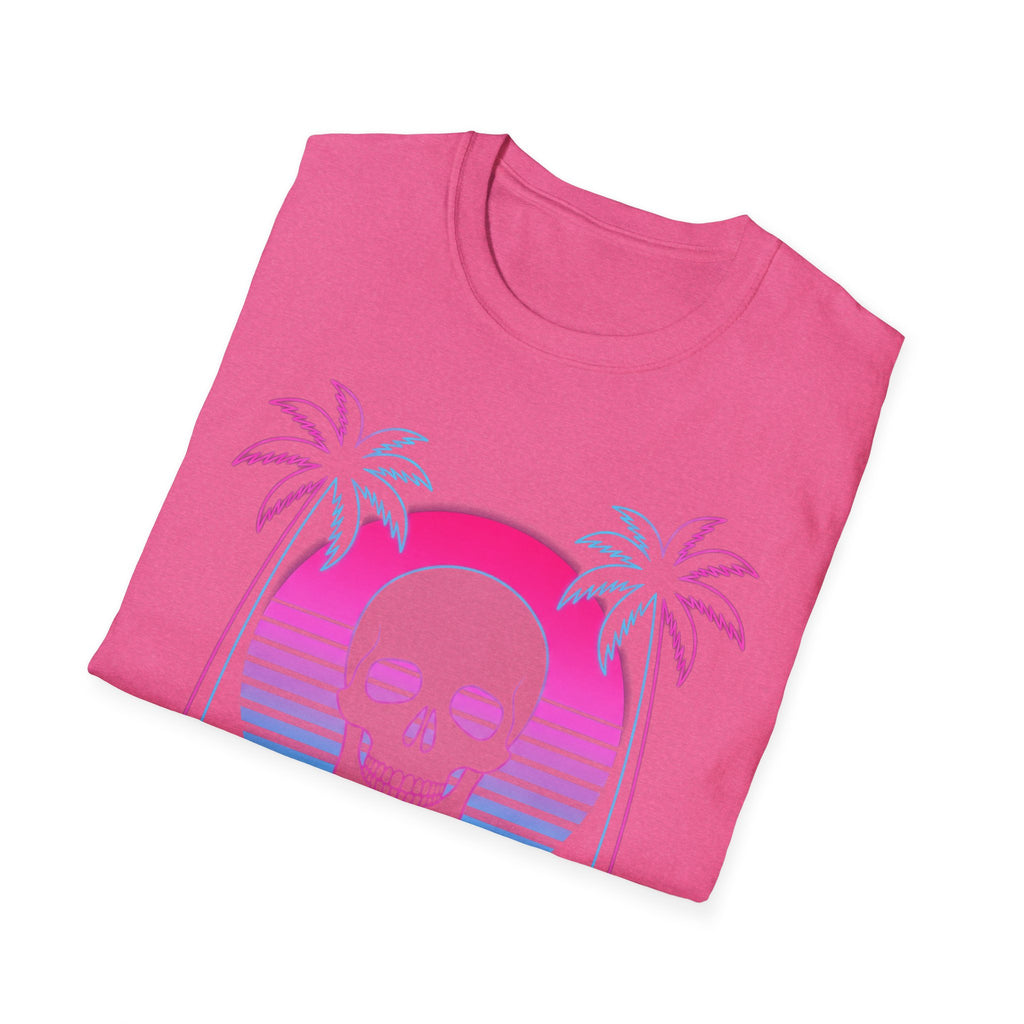 Camiseta Vaporwave Skull Sunset, fucsia heather con calavera y palmeras neon