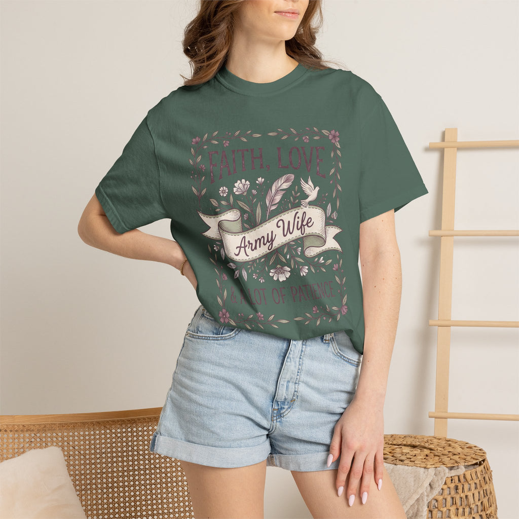 Green crewneck T-shirt with floral 'Faith, Love' and 'Army Wife' graphic