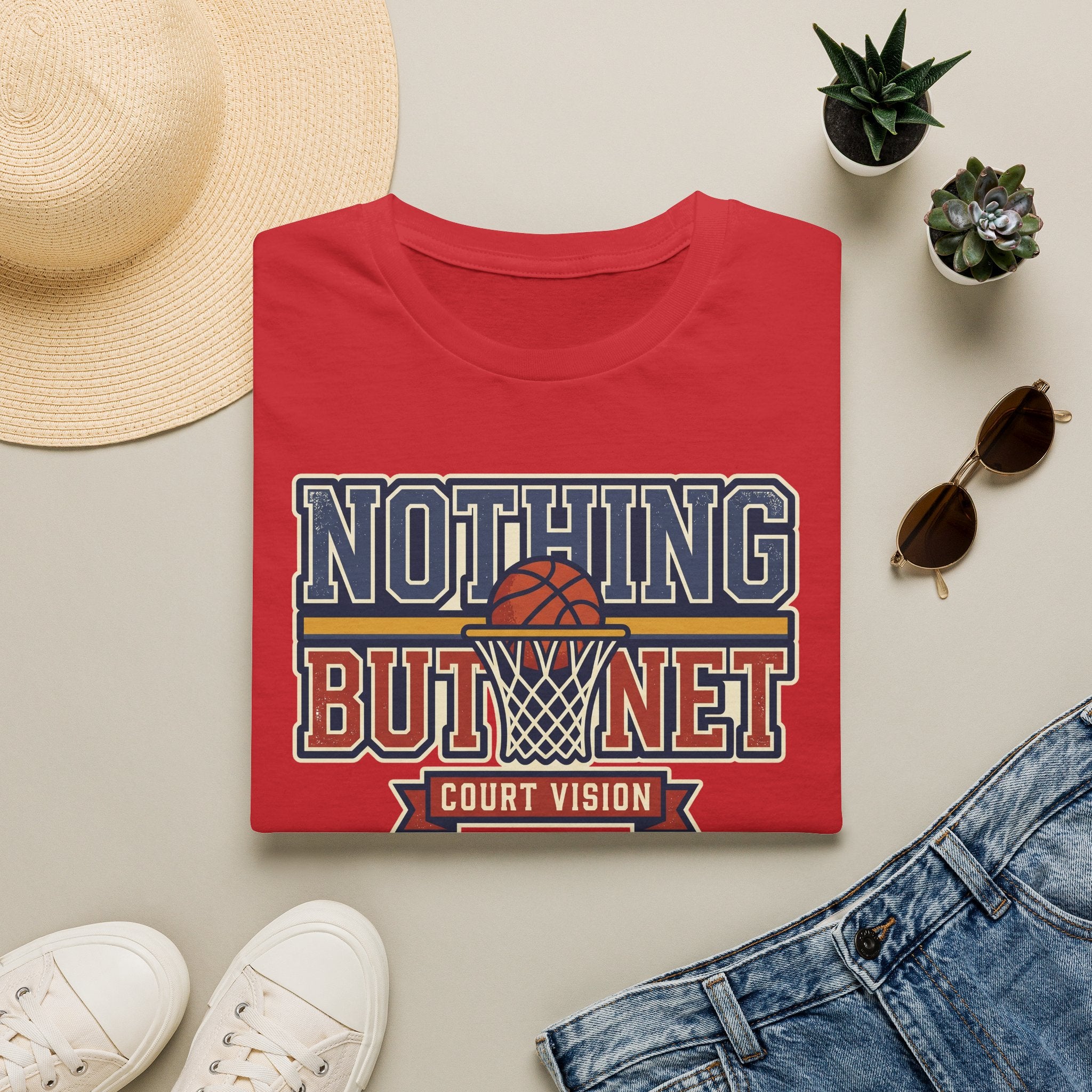 Red basketball graphic T-shirt with “NOTHING BUT NET” and hoop net logo at center front.