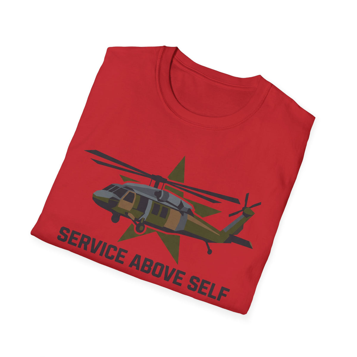Red t-shirt with camo helicopter graphic and 'SERVICE ABOVE SELF' text