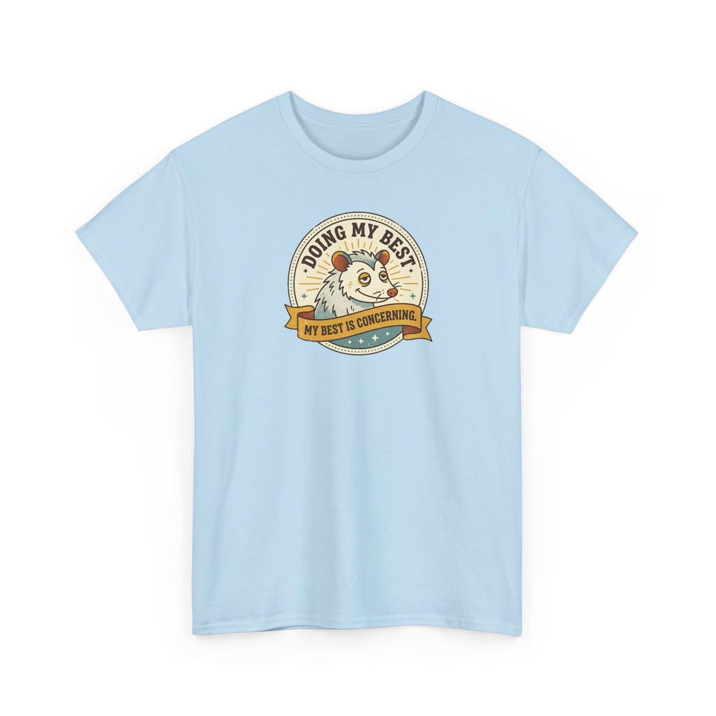 Sloth graphic T-shirt in light blue with a round slogan badge and sloth illustration on the chest