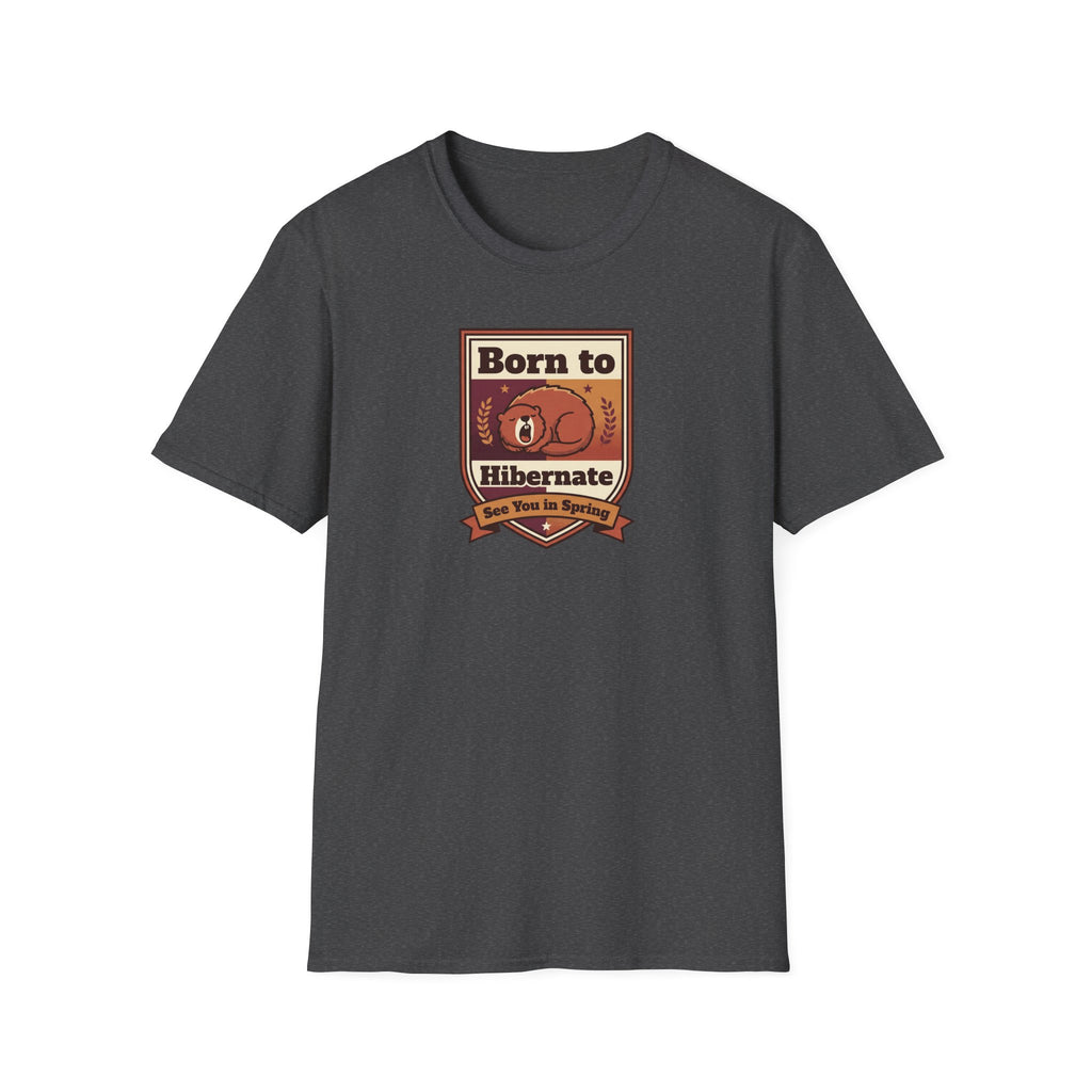 Dark gray “Born to Hibernate” bear graphic T-shirt, front view