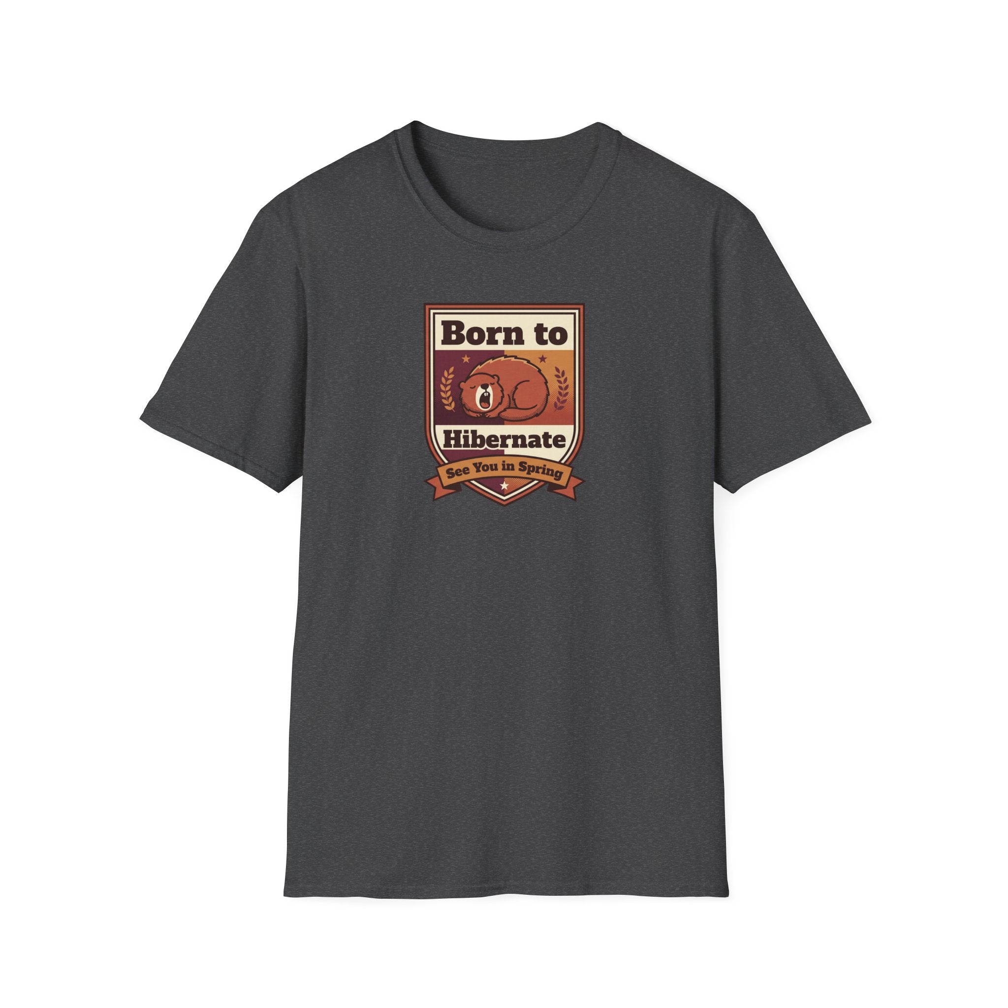 Dark gray “Born to Hibernate” bear graphic T-shirt, front view