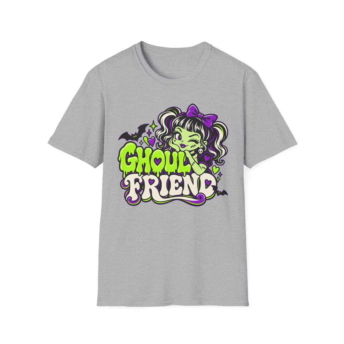 Light gray Halloween graphic t-shirt with cute monster girl “Ghoul Friend” logo