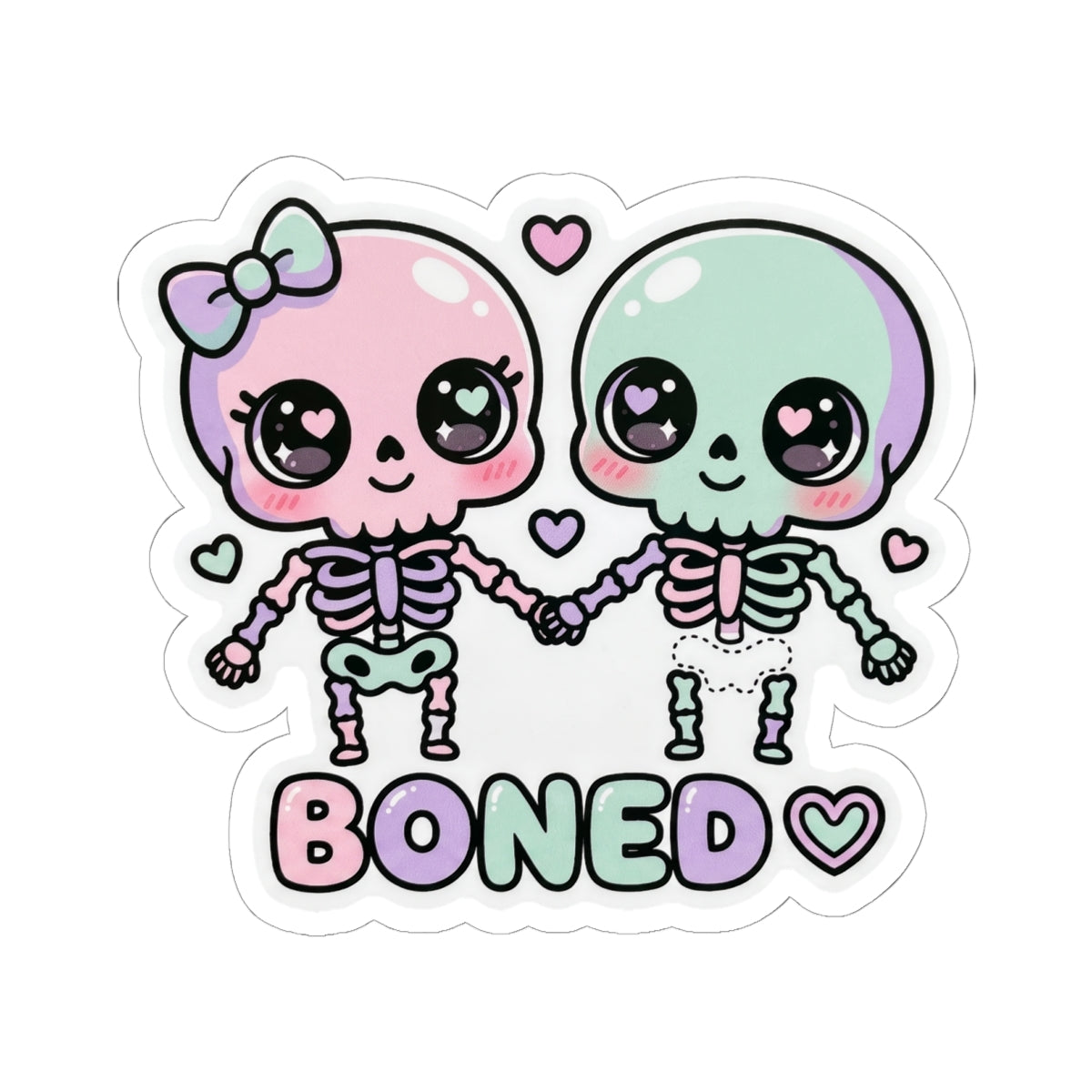 Pastel skeleton couple sticker with bow, mint skull, and heart 'BONED' title