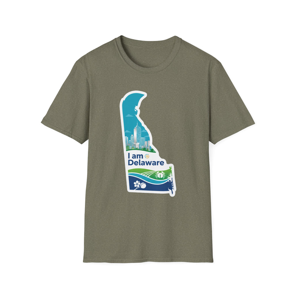 Heather military green T-shirt with blue Delaware map silhouette and “I Am Delaware”