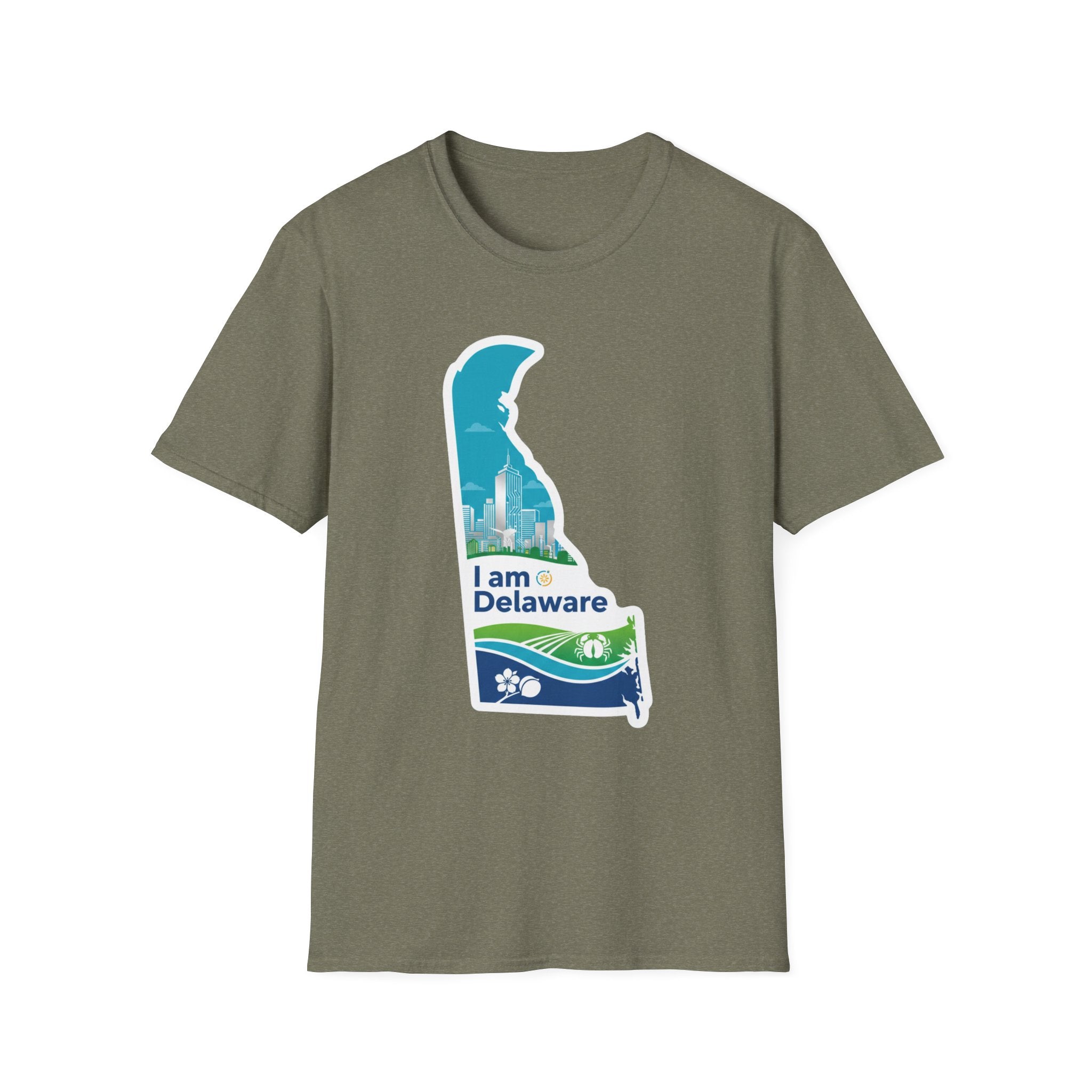 Heather military green T-shirt with blue Delaware map silhouette and “I Am Delaware”