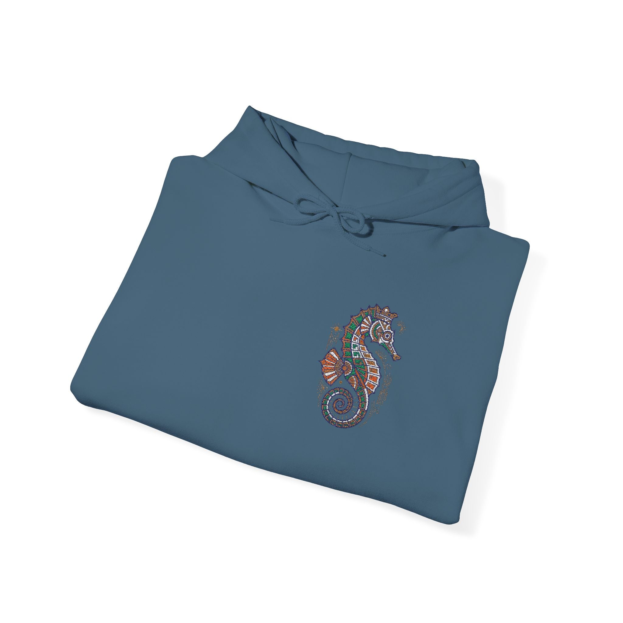 Nautical floral seahorse hoodie, dark blue, front view with seahorse graphic
